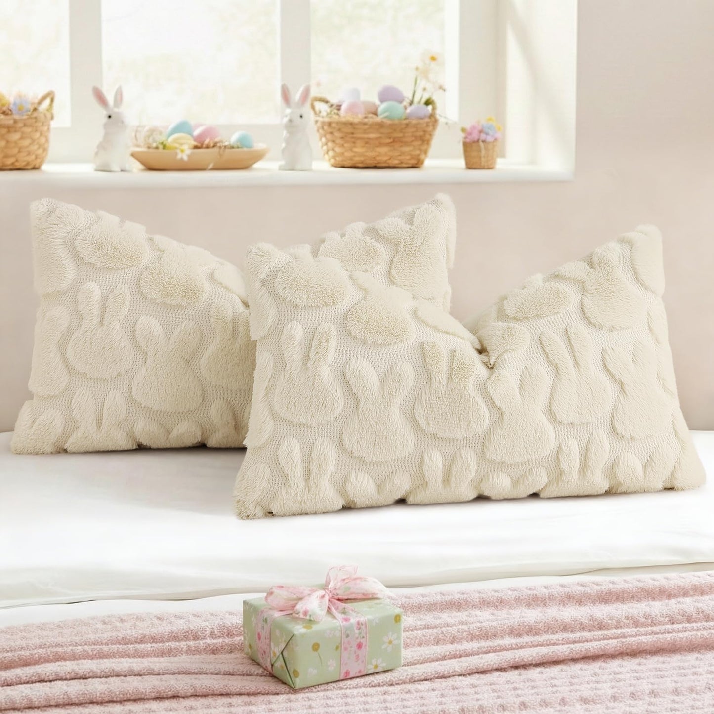 decorUhome Easter Bunny Pillow Covers 12x20 Inch Set of 2, Soft Plush Faux Wool Jacquard Beige Rabbit Cushion Covers, Farmhouse Neutral Spring Easter Holiday Decor for Couch Sofa Bed