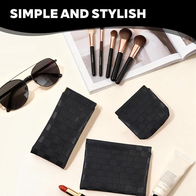 3PCS Small Makeup Bag for Women, Mini Cosmetic Bags Leather Pocket Pouch Purse,Snap Closure Waterproof Portable Bag,Checkered Storage Travel Bag for Lipstick Change Glasses Coin Cards (Black)