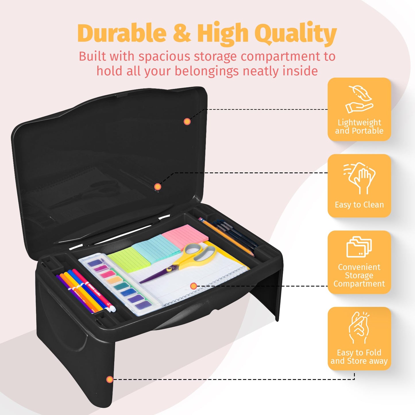 Aerolife Folding Lap Desk - Foldable Table for Work, Study, Gaming, Arts, Crafts, School - Collapsible Laptop Tray with Storage Compartment - Portable Writing Station for Kids, Adults (Black)