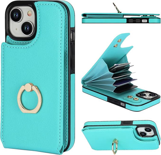Folosu Compatible with iPhone 15 Case Wallet with Card Holder, 360°Rotation Finger Ring Holder Kickstand, RFID Blocking Leather Protective Double Buttons Shockproof Cover 6.1 Inch Green
