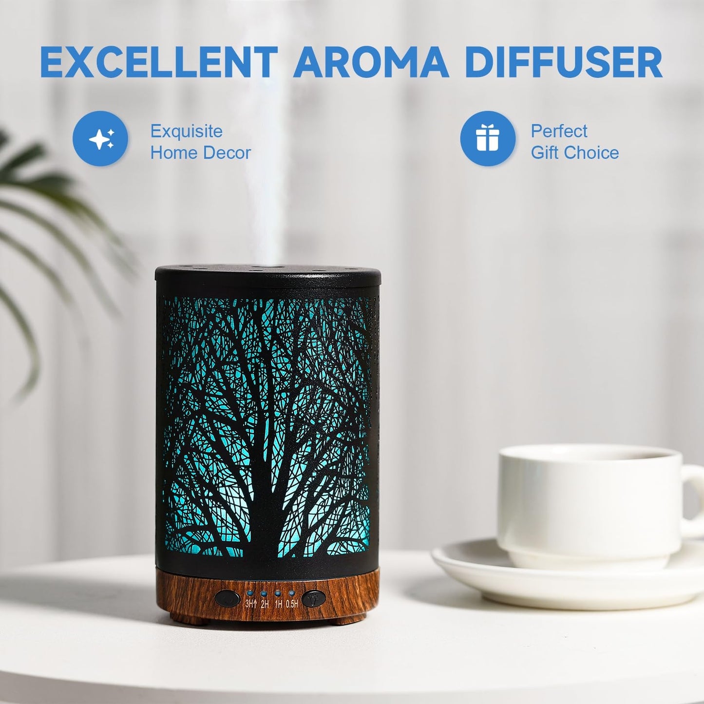 JOYOLO Essential Oil Diffuser 120ML Metal Aromatherapy Diffuser with Timer, Cool Mist Humidifier with Auto Shut-Off & 7 Color Lights for Home Office Spa (Tree)