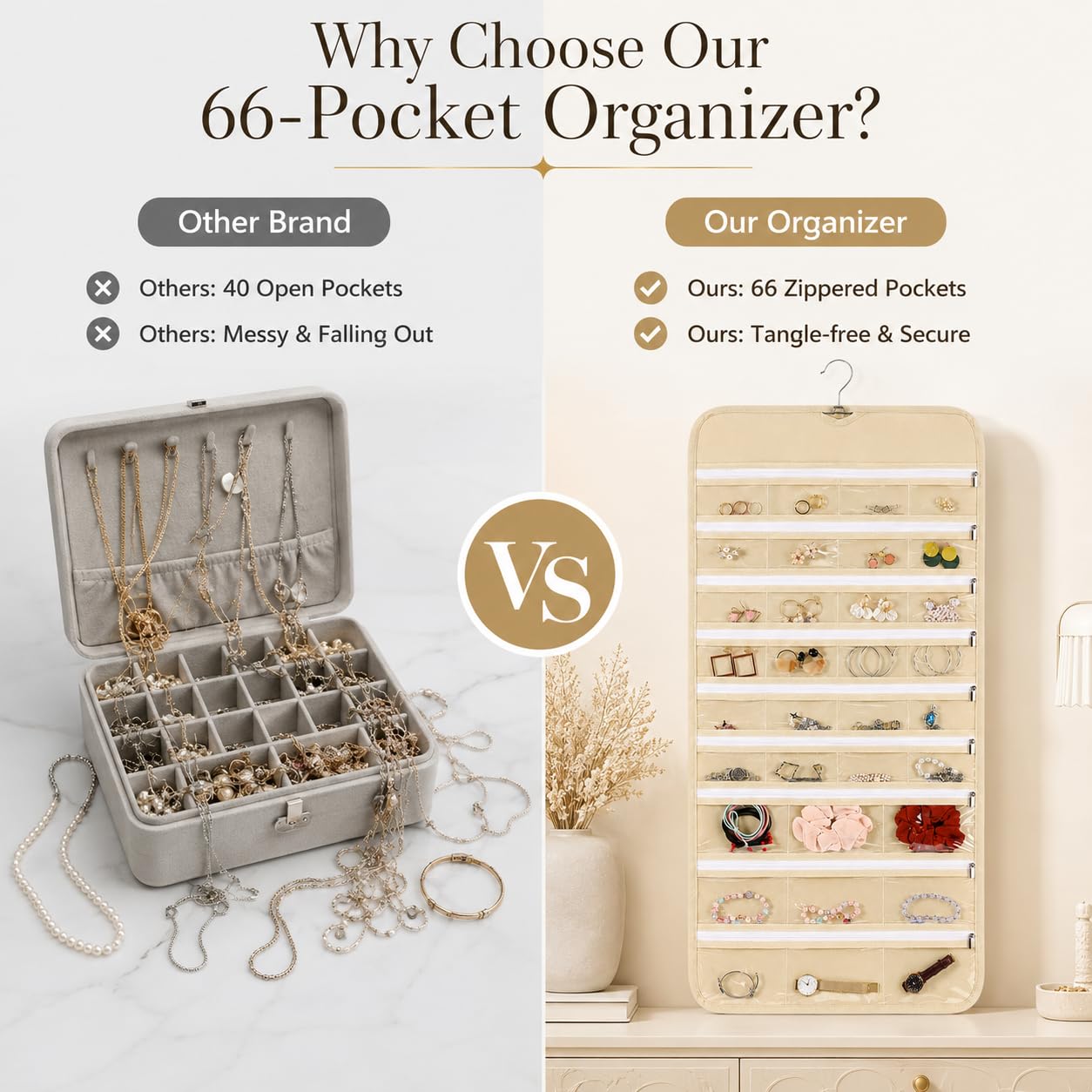 Cabilock 66 Pockets Hanging Jewelry Organizer, Double Sided Zippered Earring Holder with Clear Pockets, Space Saving Necklace Bracelet Ring Storage Bag for Closet, Door, Wall and Travel, Beige 1pcs