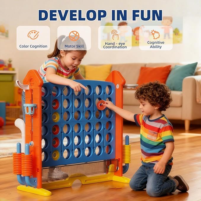 Giant Connect Game - Jumbo 4-to-Score Giant Set with 42 Jumbo Rings,Row Board Game 4 - Connect with Basketball Hoop, Perfect for Kids, Family and Party Floor Games