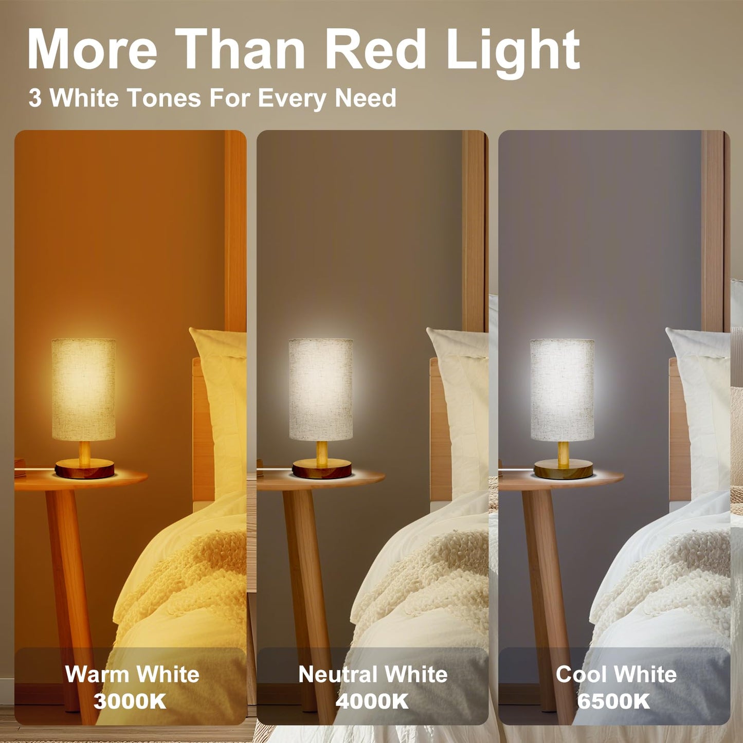 Red Light Lamp for Bedroom, Nightstand Lamp with 670nm Red & 3000-6500K White Light, Remote Control, Timer, Night Light, Dimmable LED Bedside Table Lamp with Memory Function, Wood Base & Fabric Shade
