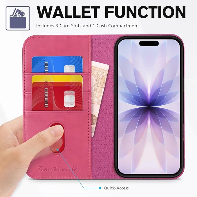 TUCCH Case Wallet for iPhone 17 (6.3-Inch) 2025, [3 Card Slots] Kickstand [RFID Blocking] PU Leather Case, Flip Folio Cover with [TPU Shockproof Interior Shell], Hot Pink