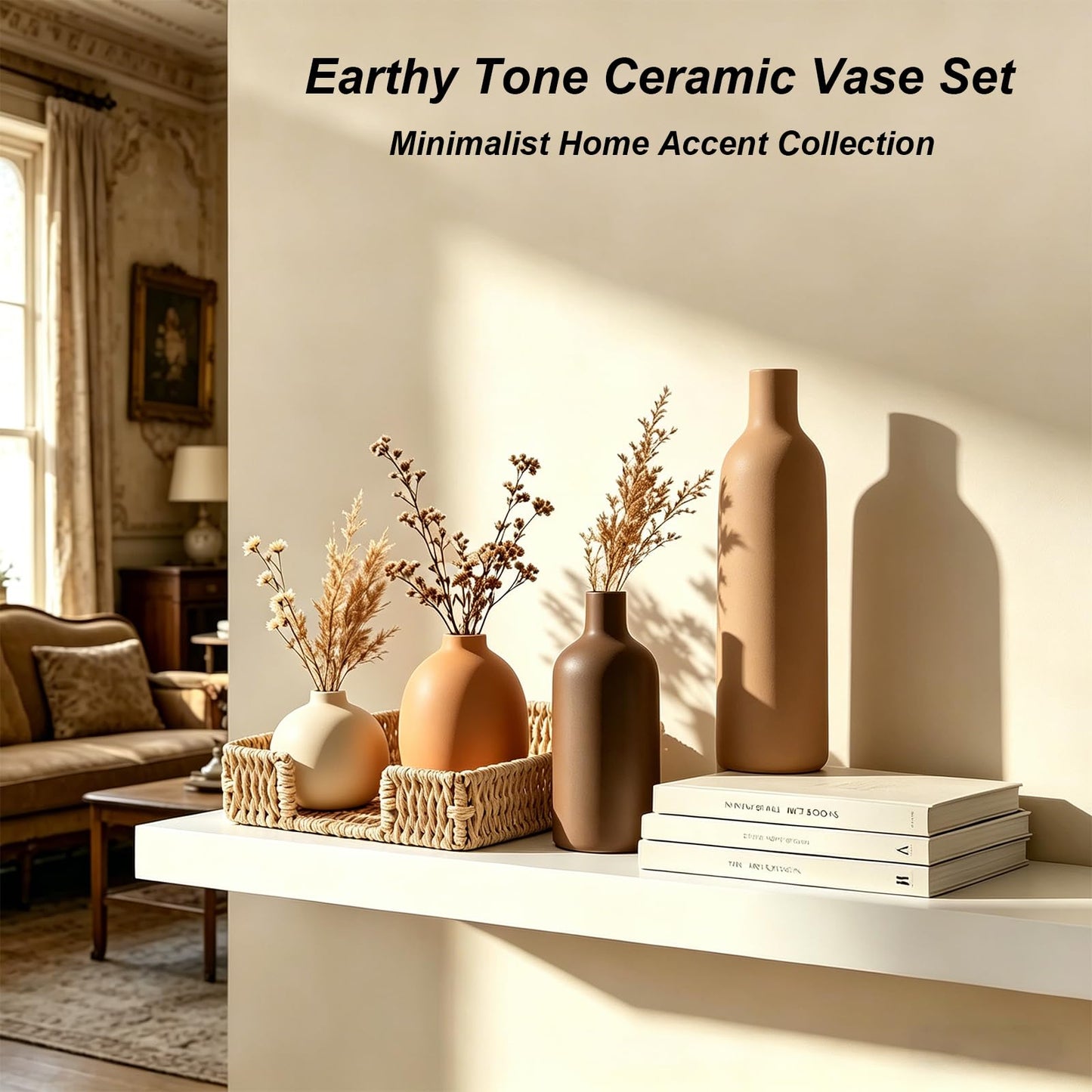 Upgraded Ceramic Vases Set for Home Decor, 4 Piece Modern Neutral Room Decor Desk Vase Bedroom Decor Flower Vase for Table Shelf Office Kitchen, Happy Birthday Gifts for Women Mom Men (Oval-4pcs)