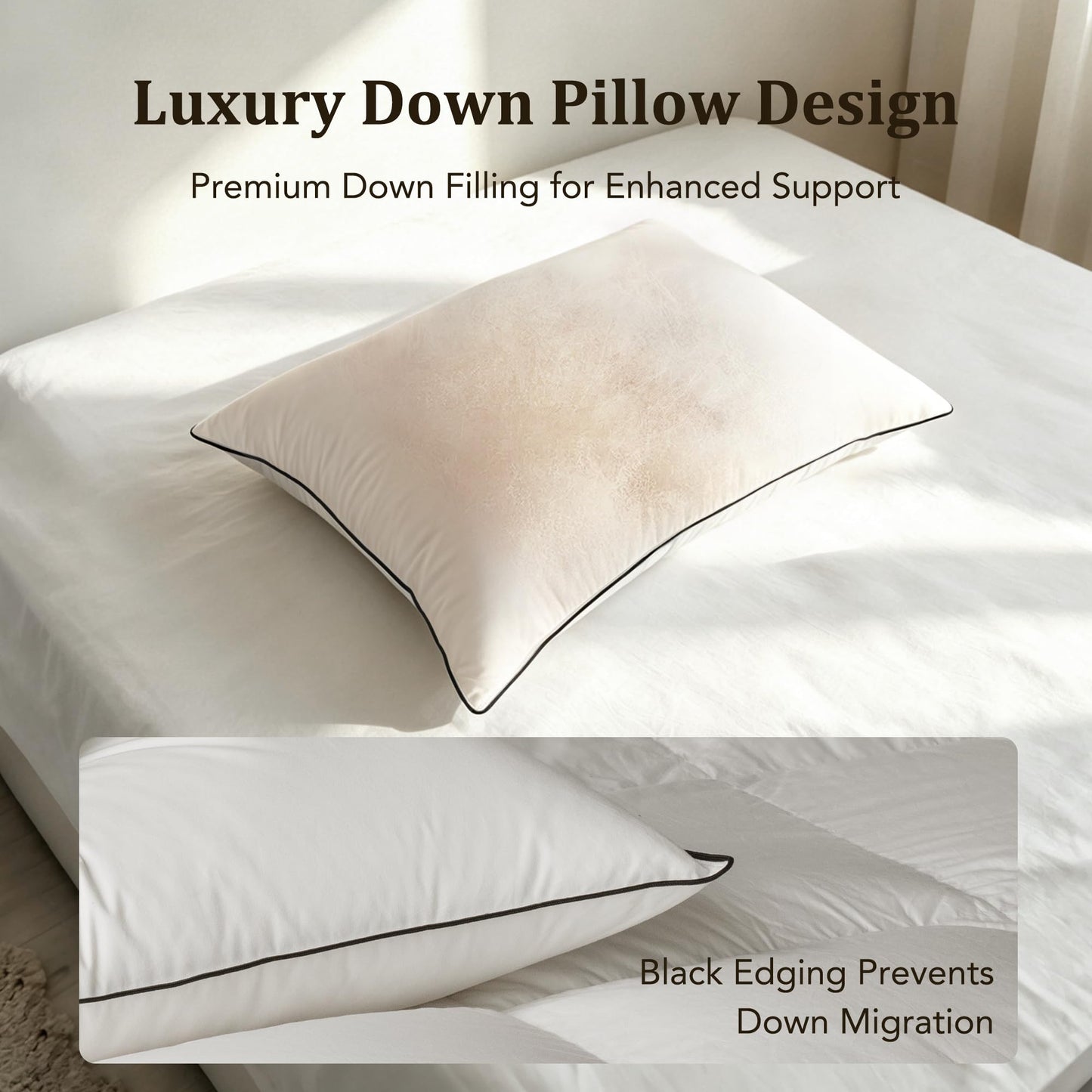 HYVIF Bed Pillow, Luxury Hotel Feather and Down Pillow for Side and Back Sleepers with Premium Cotton Shell, Gusseted Soft and Supportive, Downproof, Queen Size 1 Pack