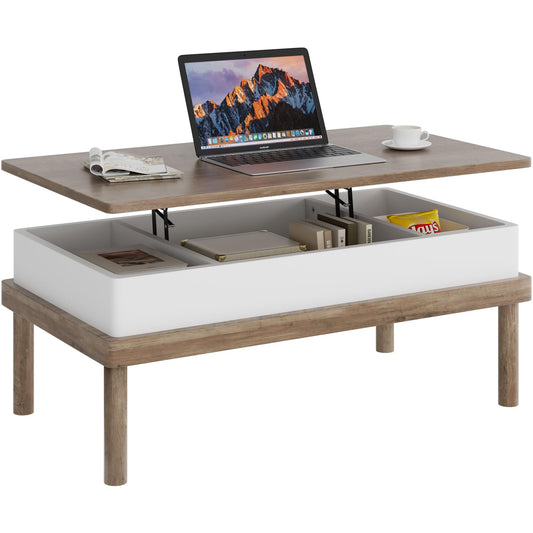 Shintenchi Coffee Table, Lift Top Coffee Table with Hidden Compartment, Rising Tabletop Dining Table, Lift Top Coffee Center Table for for Living Room, Office, Home (Ivory)