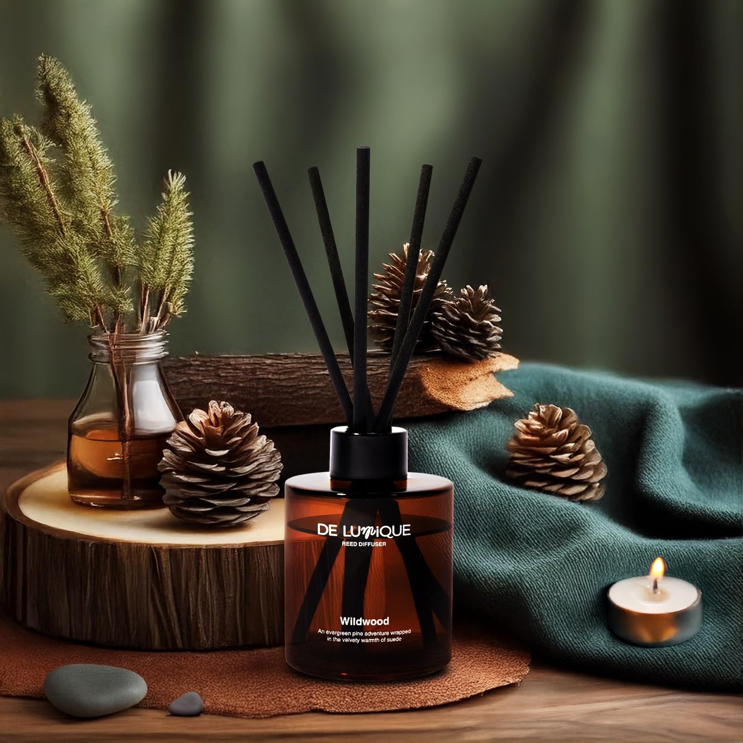 De Lumique Wildwood Scent Reed Diffuser – Home Fragrance Diffuser with Pine, Suede, Patchouli & Sandalwood – Long Lasting Diffusers for Home Scented Aroma Sticks – 150ml
