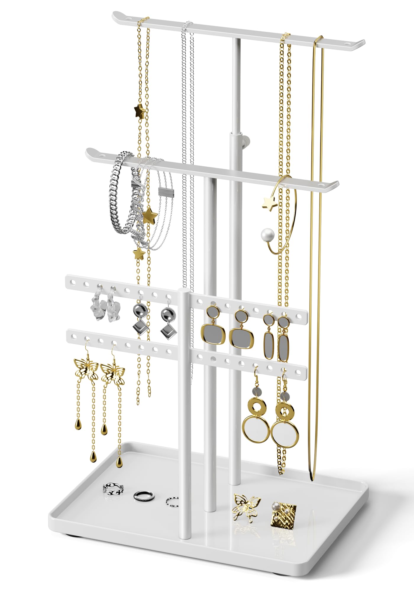 susswiff Jewelry Holder Organizer Stand - Adjustable Jewelry Tree 17.5" Height (Max), Jewlery Hanger for Necklaces, Bracelets, Earrings, Stainless, White