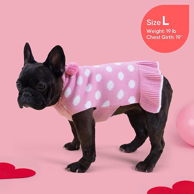 KYEESE Valentines Dog Sweater Dress, Warm Dog Sweaters for Small Dogs Girl Cats Dogs Clothes, Pullover Cozy Knit Pet Appare with Leash Hole, Pink Dot, S
