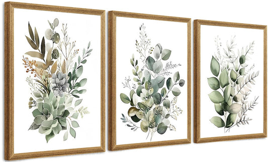 FYLDPSB 3Pcs Framed Wall Art Floral Wall Decor Living Room Canvas Art Botanical Pictures Sage Green Paintings Boho Artwork Modern Farmhouse Flower Prints for Bedroom Bathroom