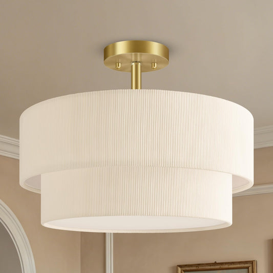 BoostArea 2-Tier Corduroy Semi Flush Mount Ceiling Light, 16.5'' Gold Drum Ceiling Fixture with Beige Fabric Shade, Soft Ambient Glow Close to Ceiling Lamp for Bedroom/Dining Room/Entryway/Low Ceiling
