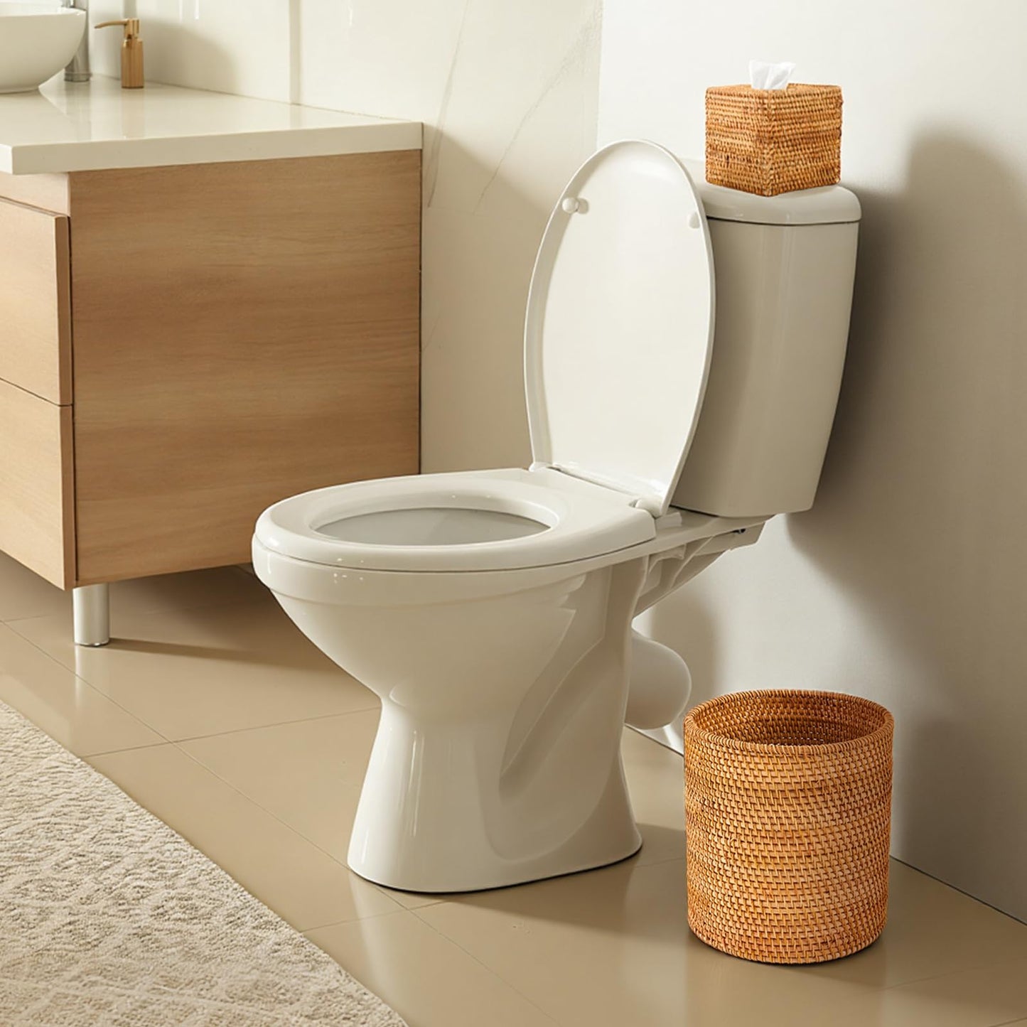 Teenyyou Log Color 2 Pcs Rattan Trash Can & Square Tissue Box Cover, Rattan Hand Woven Basket Set Wicker Bathroom Accessories for Bedroom Kitchen Office Organizer