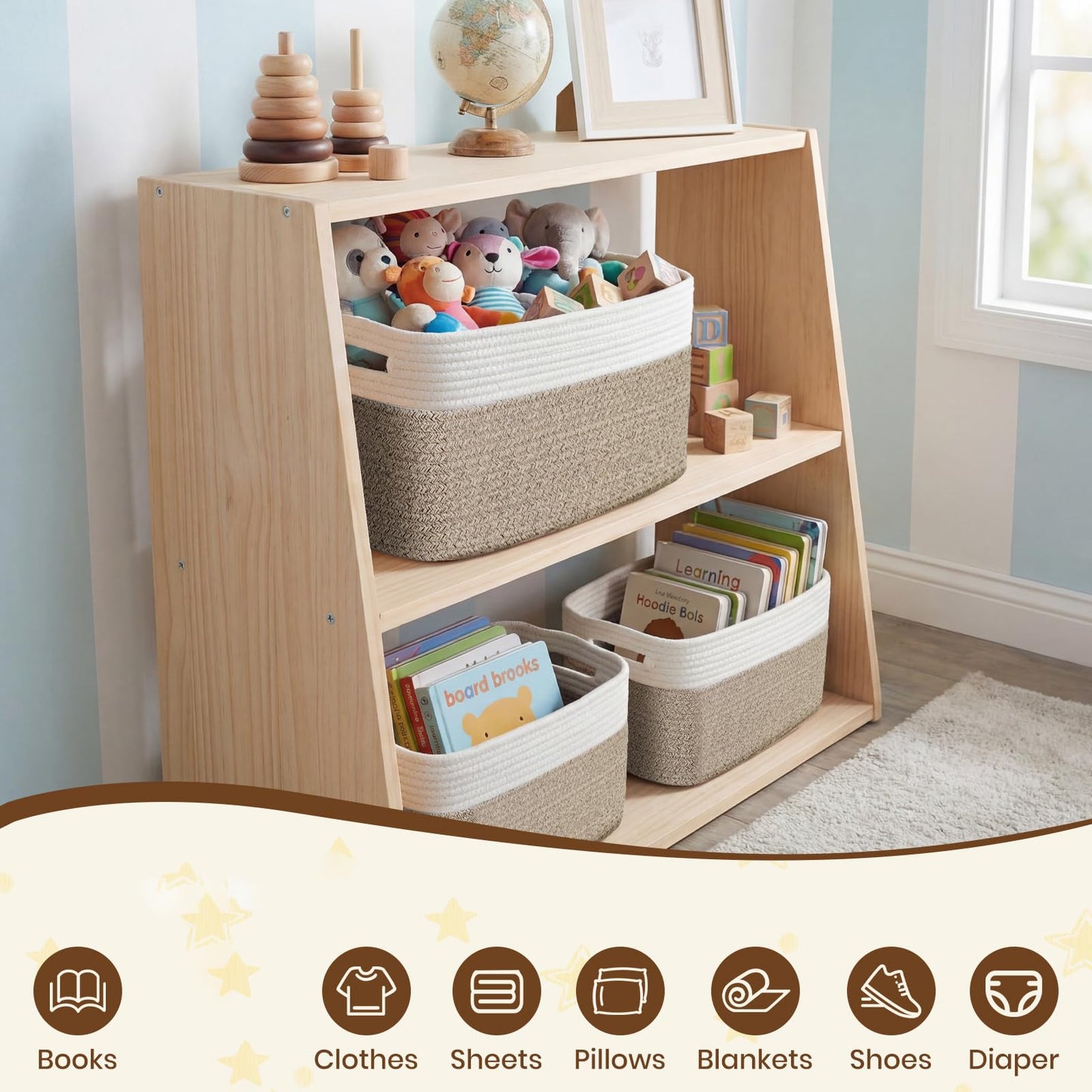 Storage Baskets for Organizing, 14 x 10 x 9” Closet Shelf Woven Baskets, Square Bins with Handles, Cotton Rope Basket for Clothes, Office, Room, White+Rice Brown 3 Pack