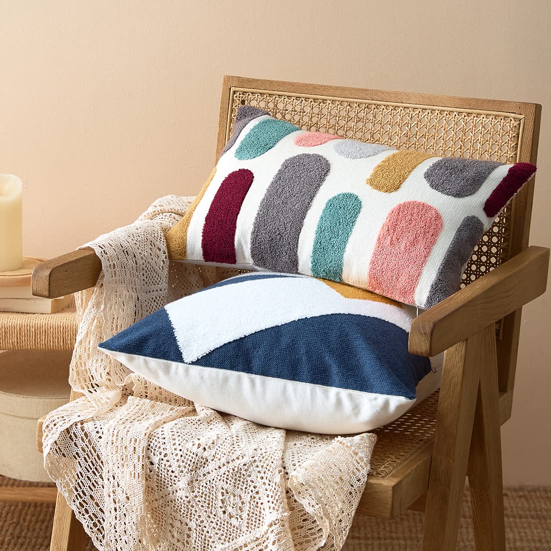 vctops Boho Geometric Tufted Lumbar Decorative Throw Pillow Cover Farmhouse Cotton Embroidery Accent Cushion Case for Couch Sofa Bed (Embroidery7, 12"x20")