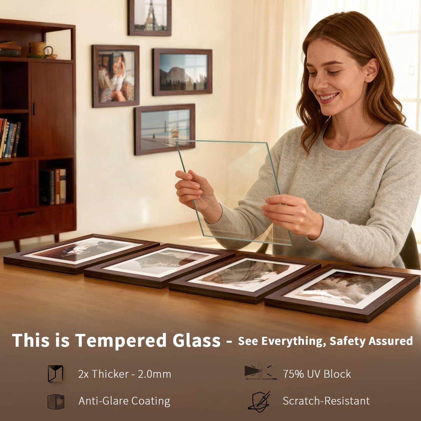 KissNow 5x7 Picture Frame 4 Pack, Brown Wood 7x5 Frame, Tempered Glass, Vertical or Horizontal Tabletop Display for Photos & Art Prints
