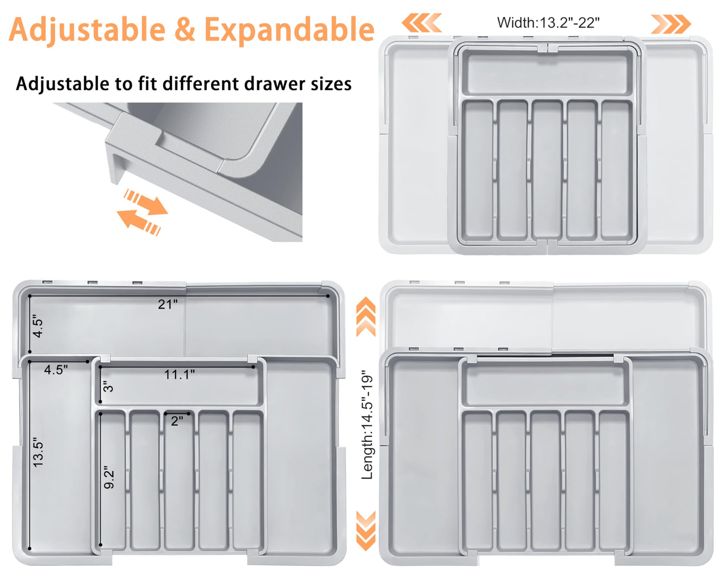 Silverware Organizer Expandable Kitchen Drawer Organizer Adjustable 22"x 19" Utensil Organizer with Rubber Feets Cutlery Drawer Organizer for Spoons Forks Knives Kitchen Organizers and Storage Grey