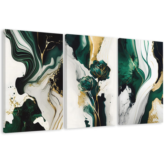 EJPFOGV Large Framed Abstract Wall Art Set of 3, Green and Gold Marble Texture with Floral Motif, Easy to Hang & Fade Resistant Art Prints, Wall Decor for Bedroom, Living Room, Home Office, 24x36 Inch