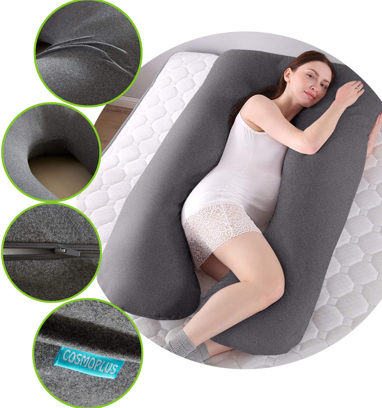 COSMOPLUS 𝐏𝐫𝐞𝐠𝐧𝐚𝐧𝐜𝐲 𝐏𝐢𝐥𝐥𝐨𝐰 𝐂𝐨𝐯𝐞𝐫 U Shaped Full Body Pillow Case 𝐂𝐨𝐯𝐞𝐫 for Maternity,Stretchy Cool Breathable Jersey Fabric, Provides Sleep and Pregnancy Support,Heather Grey