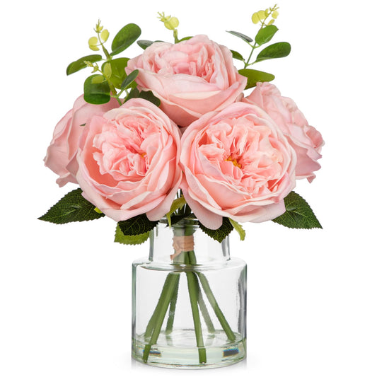 Hollyone Real Touch Peonies Artificial Flowers Arrangements in Vase Pink Fake Peonies with Glass Vase Silk David Austin Roses Faux Flowers with Faux Water Bouquet Table Floral Centerpiece Home Decor