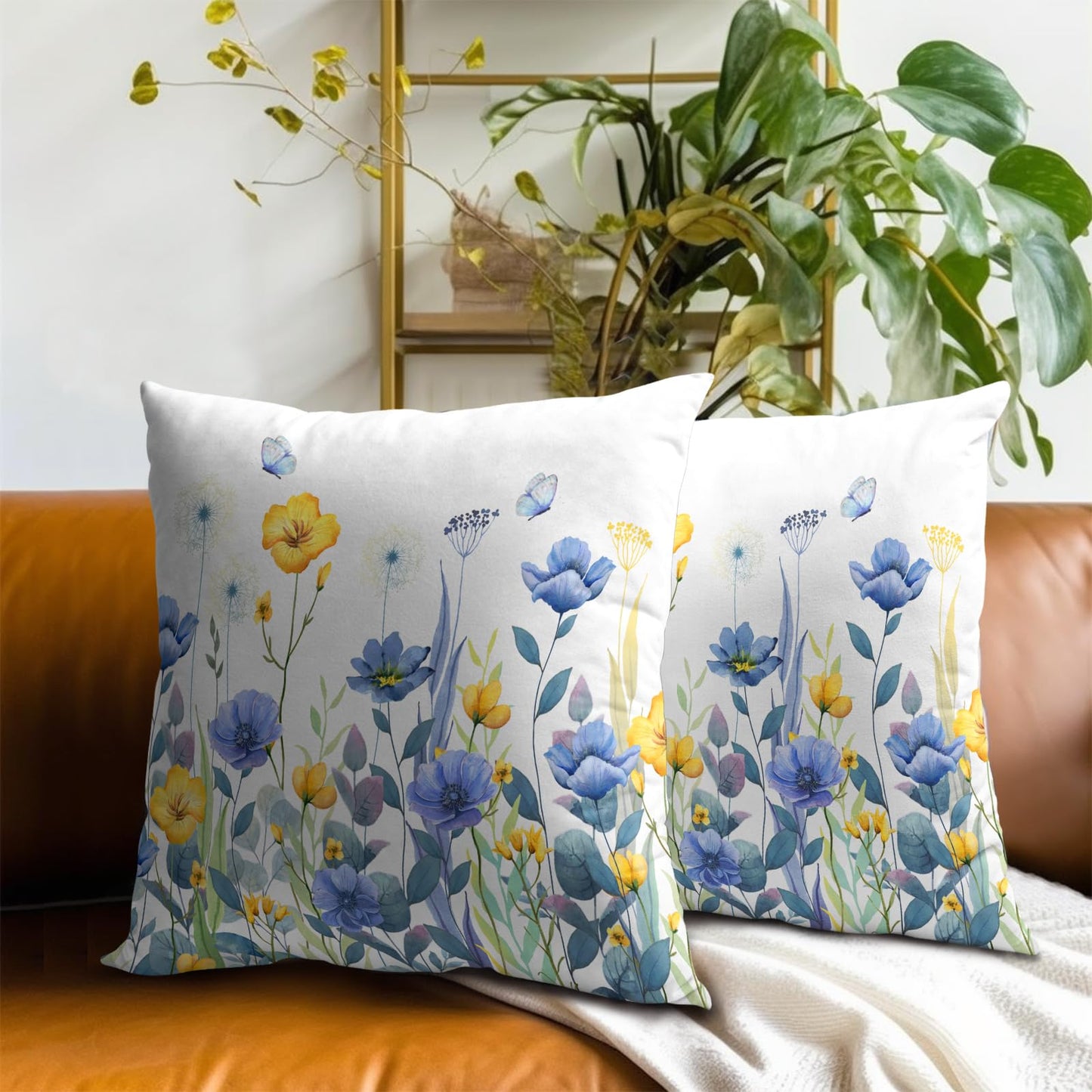 Imiss Blue Yellow Flowers Pillow Covers 18x18 Inch Set of 2, Poppy Floral Square Cushion Covers Spring Summer Seasonal Decor Pillowcase for Living Room Sofa Bedroom