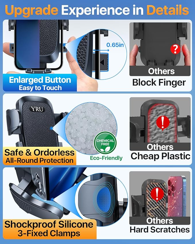 YRU [True Upgrade for Safety] Car Phone Holder Mount [Patent & Military-Grade] Dashboard Cell Phone Holder for Car Vent Windshield Phone Stand for iPhone 17 16 15 14 13 Pro Max Truck Samsung, Black