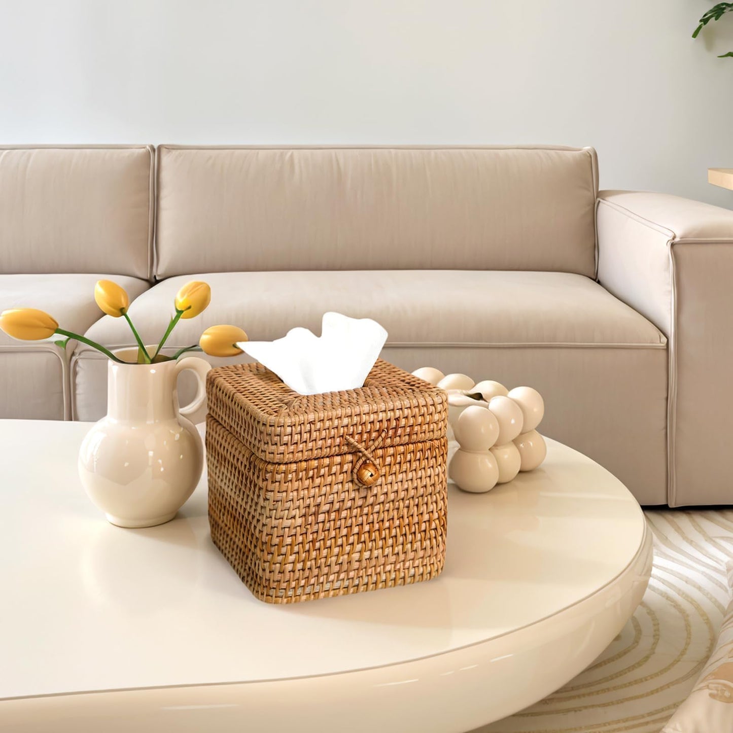 Rattan Tissue Box Cover Square, Handwoven Wicker Tissue Box Holder with Hinged Top Lid, Decorative Tissue Holders for Bathroom Living Room Kitchen Office, Natural
