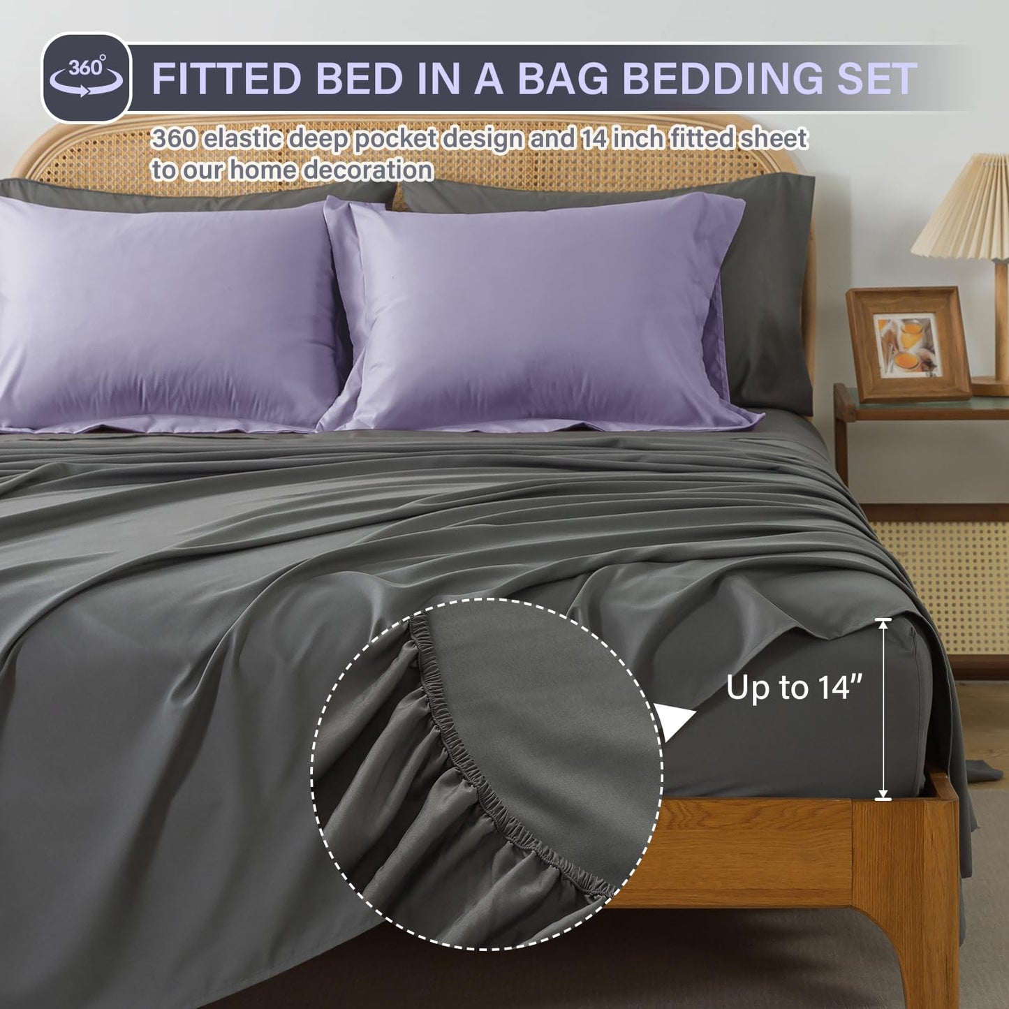 Cosybay Bed in a Bag Queen Reversible Comforter Sets 7pcs All Season Down Alternative Bedding Sets Lavender and Grey with Comforter, Pillow Shams, Flat Sheet, Fitted Sheet and Pillowcase