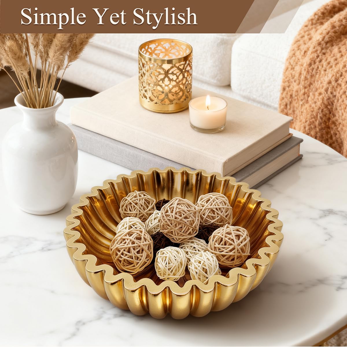 ZJSYTQS Large Modern Ruffle Bowls, Artificial Stone Decorative Catch All Bowl for Kitchen Counter and Entryway Table, Handcrafted Fruit Bowls and Key Bowl for Home Decor(Golden)
