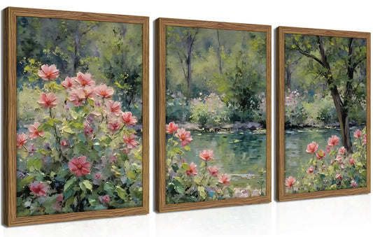Framed Monet Wall Art Set of 3, Impressionist Botanical Floral Canvas Wall Decor, Vintage Cottagecore Artwork Paintings, Nature Landscape Flowers Prints Pictures for Living Room Bedroom 12x16 Inch