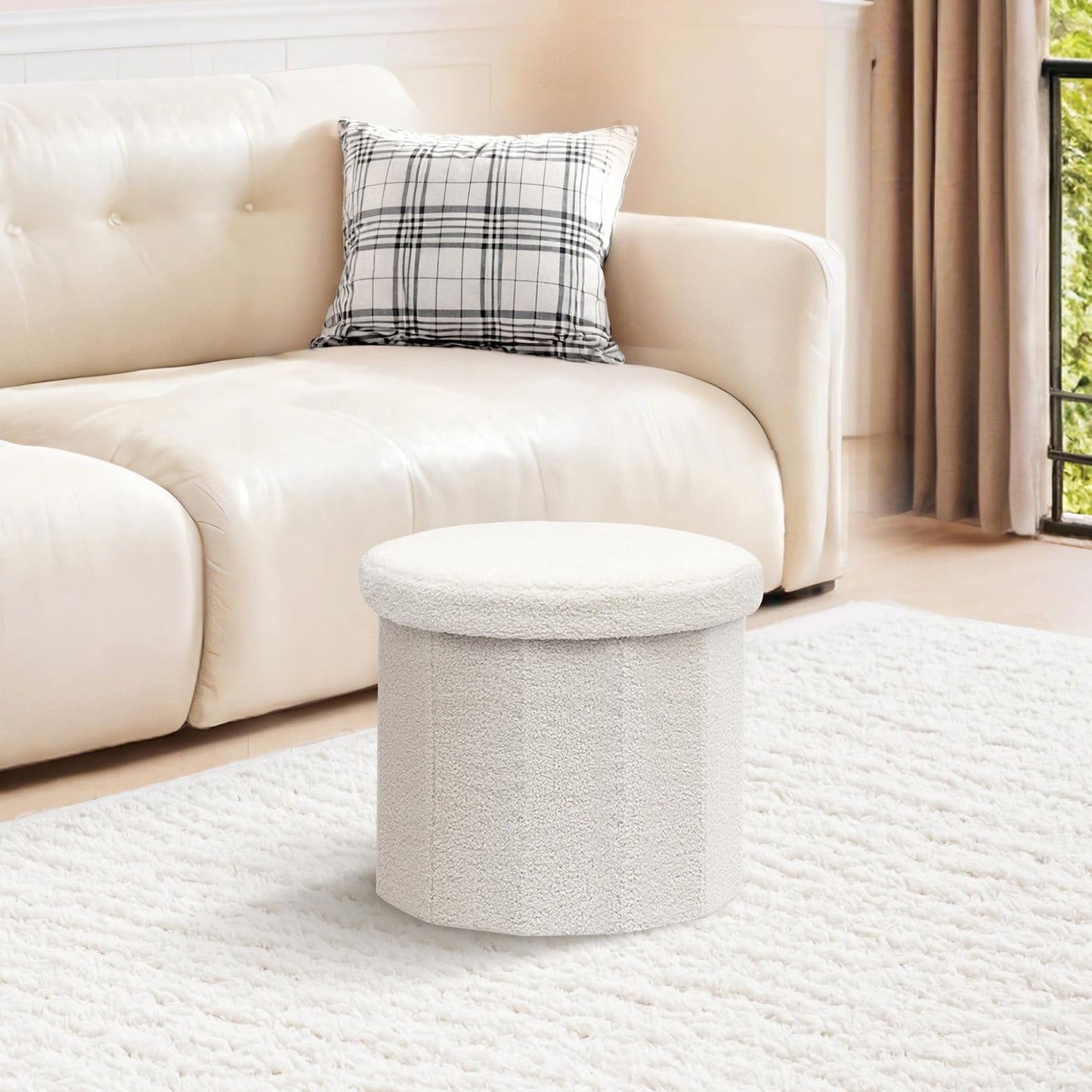 PINPLUS Round Storage Ottoman Cube Footrest - Versatile Boucle & Faux Teddy Fur with Hidden Compartment for Living Room, Dorm, Bedroom White, 15"x15"x13.2"