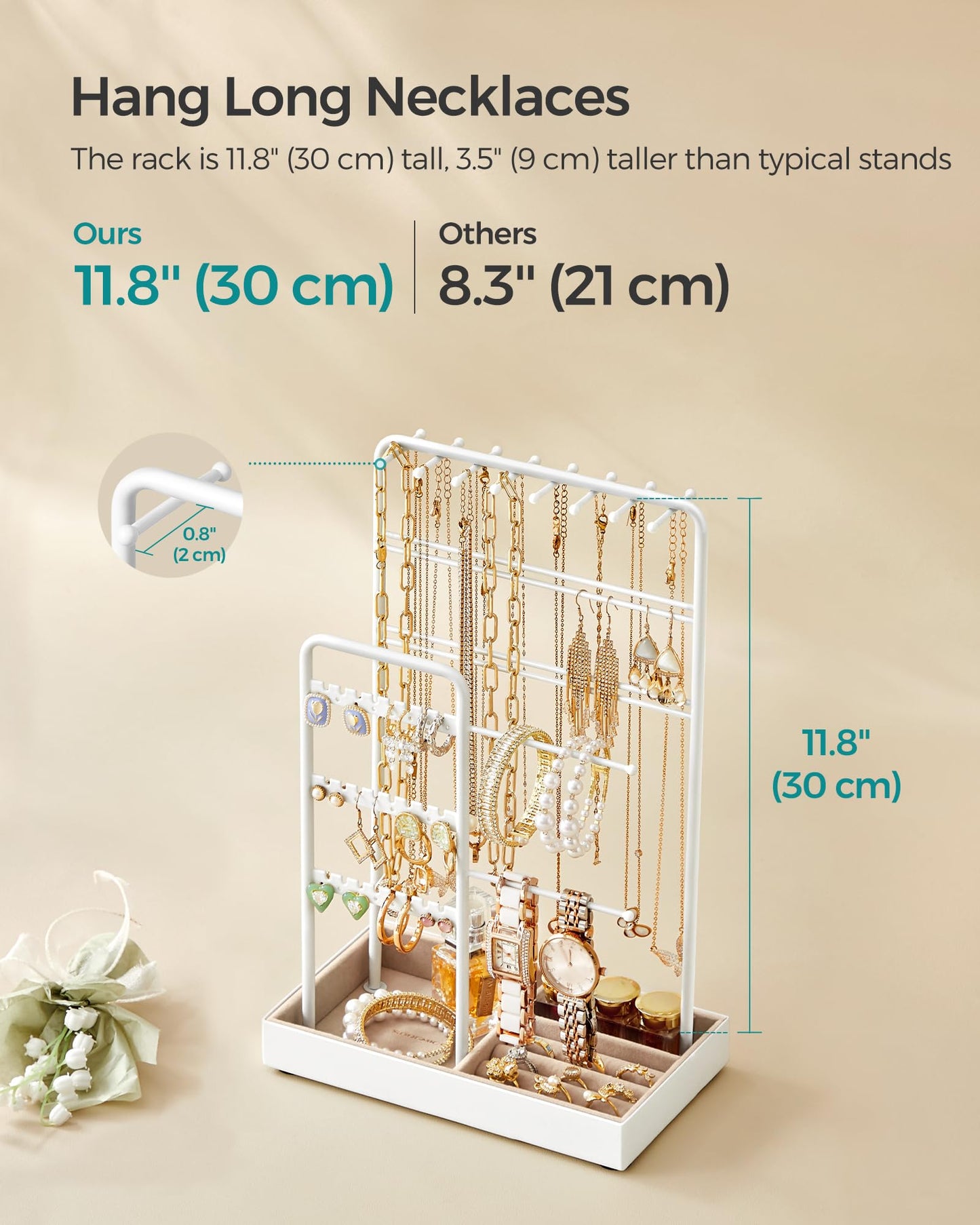 SONGMICS Necklace Holder, Jewelry Stand Holder Organizer, Jewelry Display with Metal Frame, Velvet Tray, Earring Bracelet Holder, for Gift Idea, 4.5 x 7.7 x 12.1 inch, Matte White UJJS021W01