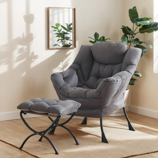 HomEastlly Lazy Chair with Ottoman, Large Dark Grey Accent Chair with Ottoman, Comfy Reading Armchair, Leisure Sofa Chair for Living Room, Bedroom, Dorm Room, Office