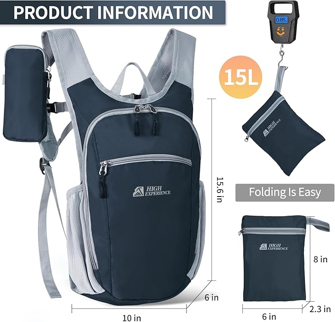HIGH EXPERIENCE Hiking Backpack 10L/15L Small Daypack Lightweight Packable Travel Foldable Water Resistan for Women Men (Gray, 15L)
