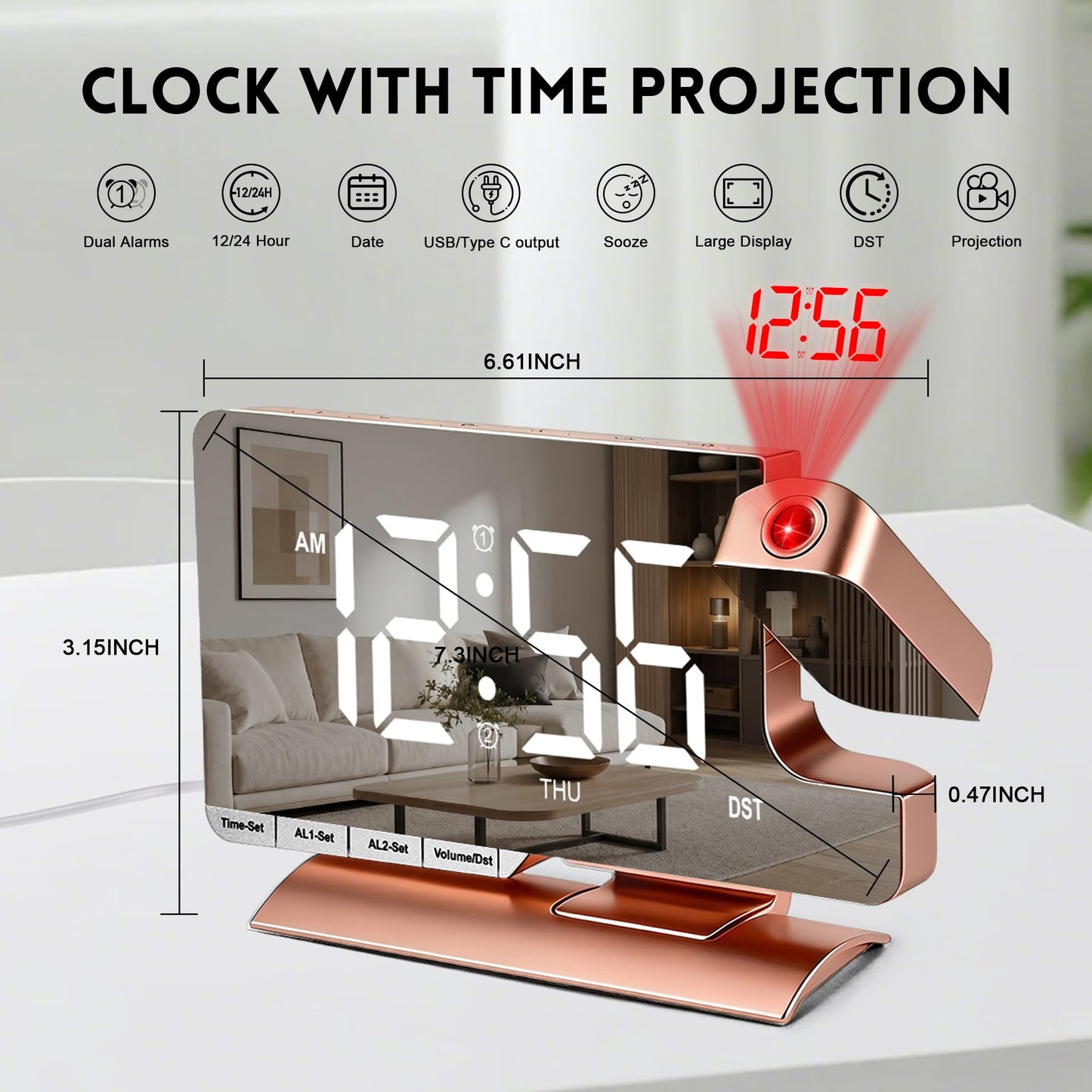 Projection Clock,Alarm Clocks for Bedrooms,7.3"Mirror Bedside Clock with 180°Rotating Projector,6 Brightness Adjust,Dual Alarm with 3 Mode,Date,DST,Charging Port,5 Levels Volume for Home Decor