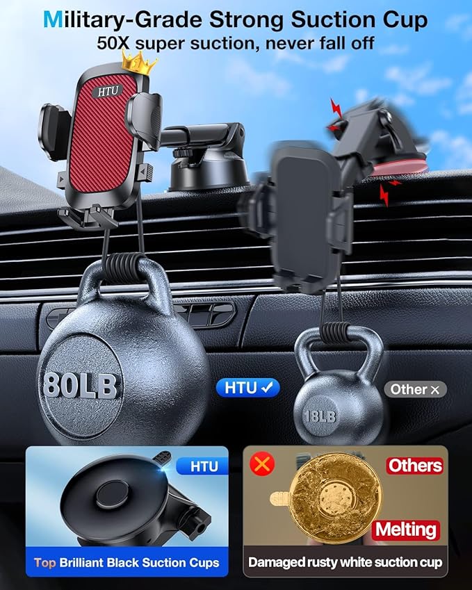 HTU 𝟐𝟎𝟐𝟔 𝐔𝐩𝐠𝐫𝐚𝐝𝐞𝐝【True Military-Grade】 Car Phone Holder【Safety Certs & No Smell】 Cell Phone Holder for Car Mount for Dashboard Windshield Air Vent Long Arm Thick Case,Red