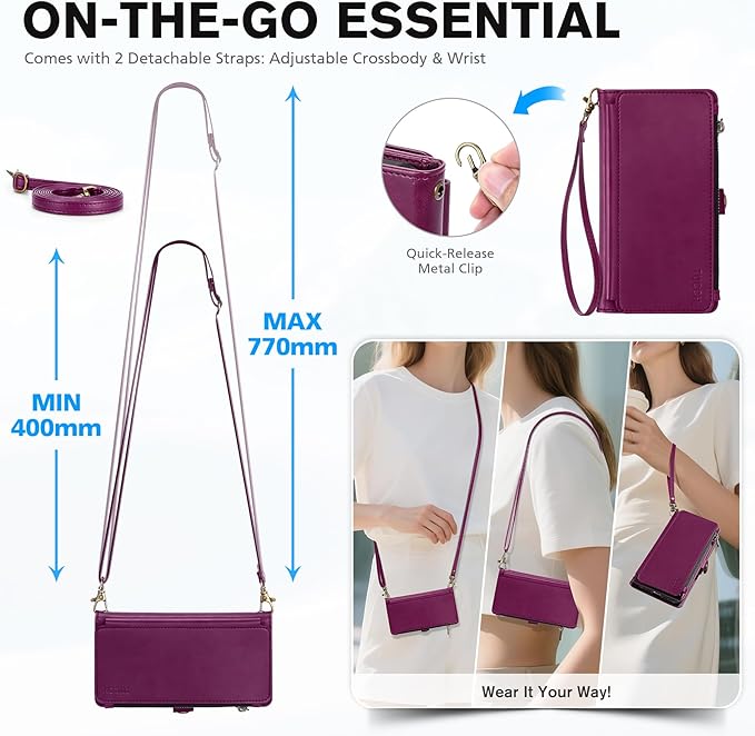 TUCCH Crossbody Detachable Wallet Case for iPhone 17 Pro 6.3" 2025, 9 Card Holders RFID Blocking, Wireless Charging, Stand, Wrist Strap Lanyard, Zipper Pocket, PU Leather Shockproof Cover, Plum Purple