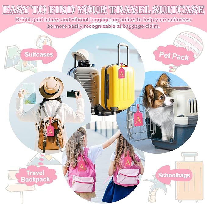 Personalized Initial Luggage Tags - Rose Red Leather Cute Luggage Tags with Privacy Cover Name Card, Embroidered Custom Monogram Travel Backpack Tag Gifts for Women Kids(A)