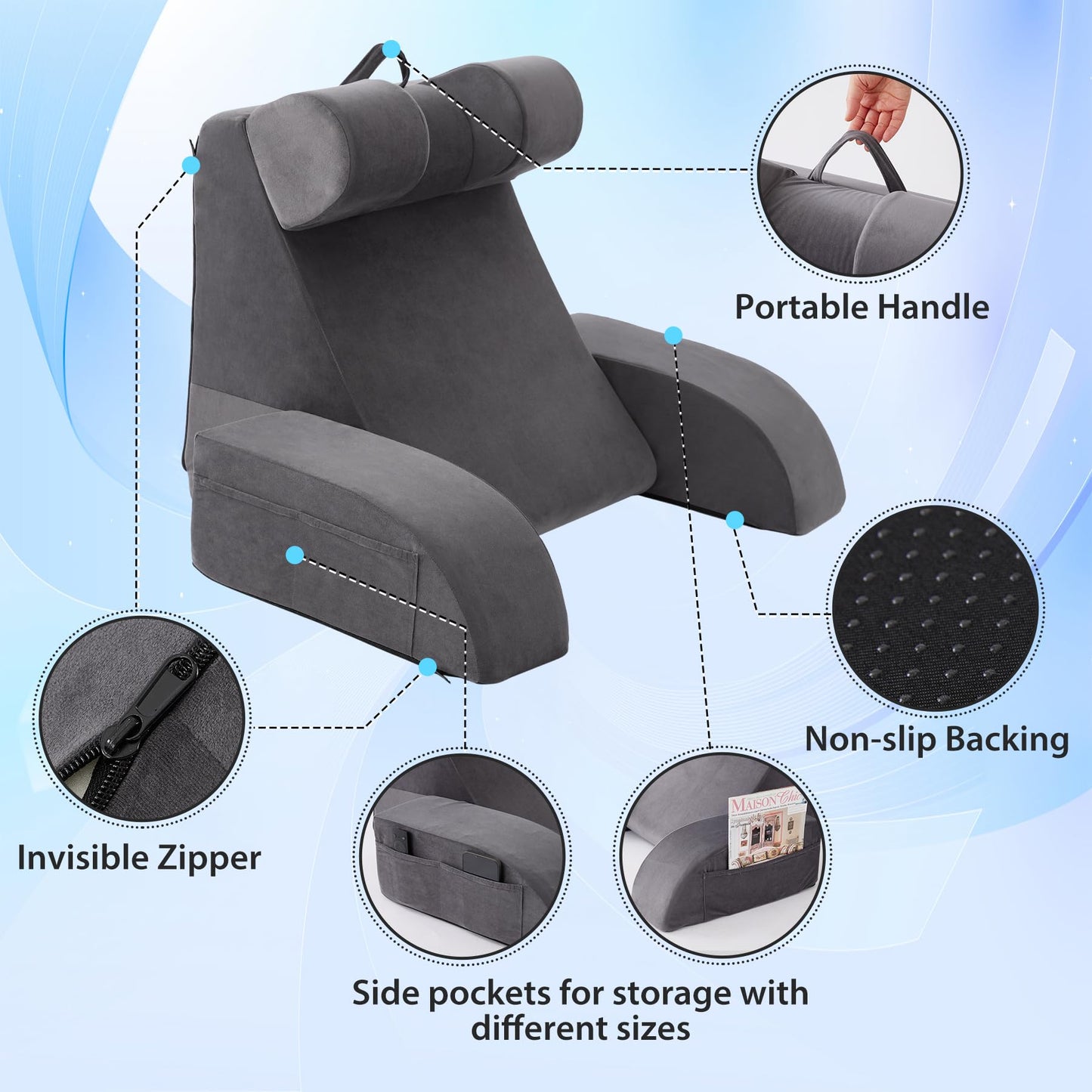 Velorose Reading Pillow for Sitting in Bed Adult, Back Pillow for Bed Sitting up, Backrest Pillow with Arms, Back Support Pillows for Gaming Lounging Watching TV, Large 21" Grey