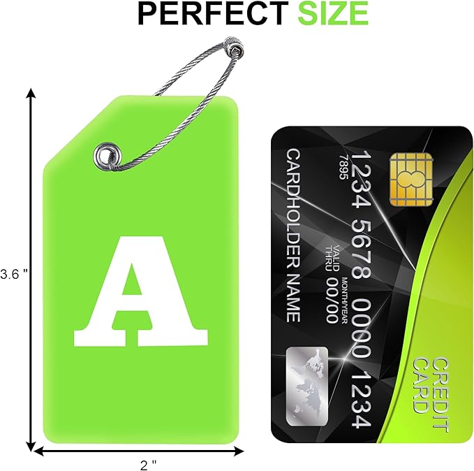 Gostwo 2 Pack Silicone Luggage Tags for Suitcases, 26 Initial Letter Baggage Labels Handbag School Bag Suitcase Instrument Tag with Stainless Steel Loop(Green)(Letter A)