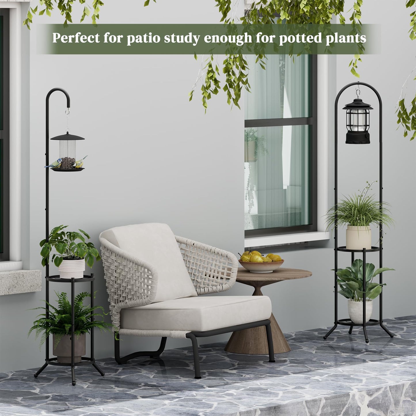PULIJIAJU 2-Tier Metal Plant Stand with Hanging Hook, Space-Saving Iron Plant Shelf, Heavy Duty Corner Plant Stand ,Planter Holder for Bedroom Balcony Living Room Patio Garden(Hook Style)
