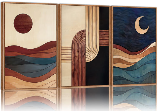 SIGNINART Boho Mid Century Modern Framed Canvas Wall Art, Bohemian Geometric Wall Decor, Abstract Sun and Moon Artwork,Beige and Black Wooden Art Paintings for Living Room Bedroom Office 16"x24"x3