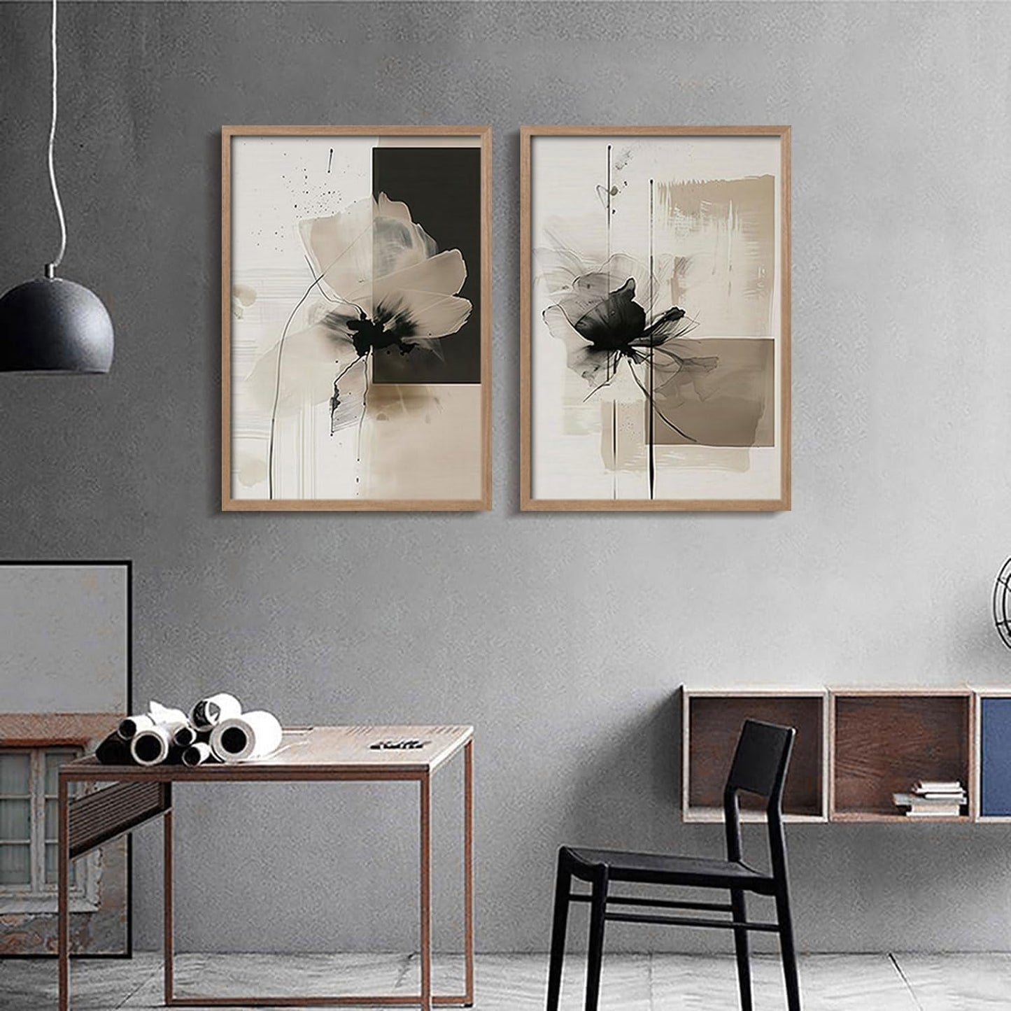 2Pcs Framed Black and White Flower Abstract Wall Art Modern Neutral Canvas Prints Posters Pictures Gallery Wall Decor Living Room Bedroom Office Apartment 16X24 Inch Ready to Hang