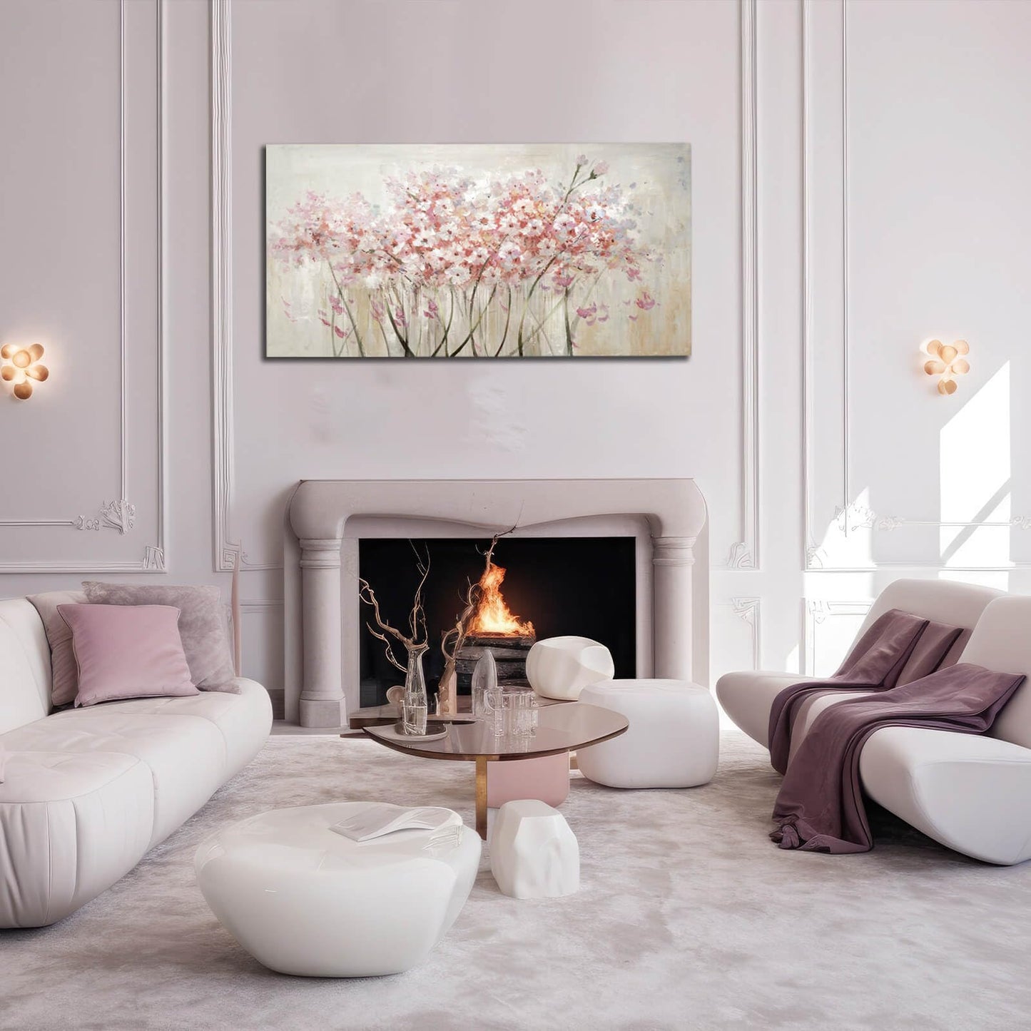 YJYart White Floral Oil Painting Canvas Art Wall Decor Modern Botanical Picture Graffiti Wall Art for Bedroom Living Room Kitchen Office 24" x 48"