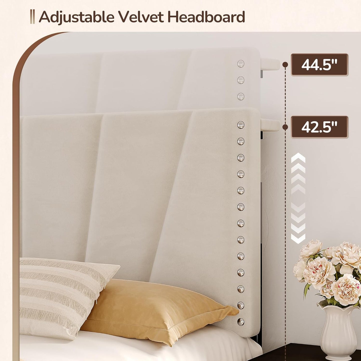 EnHomee Queen Platform Bed Frame with Velvet Upholstered Adjustable Headboard, LED Lights, and Charging Station for Bedroom, Apartment, No Box Spring Needed, Noise-Free, Easy Assembly, Beige