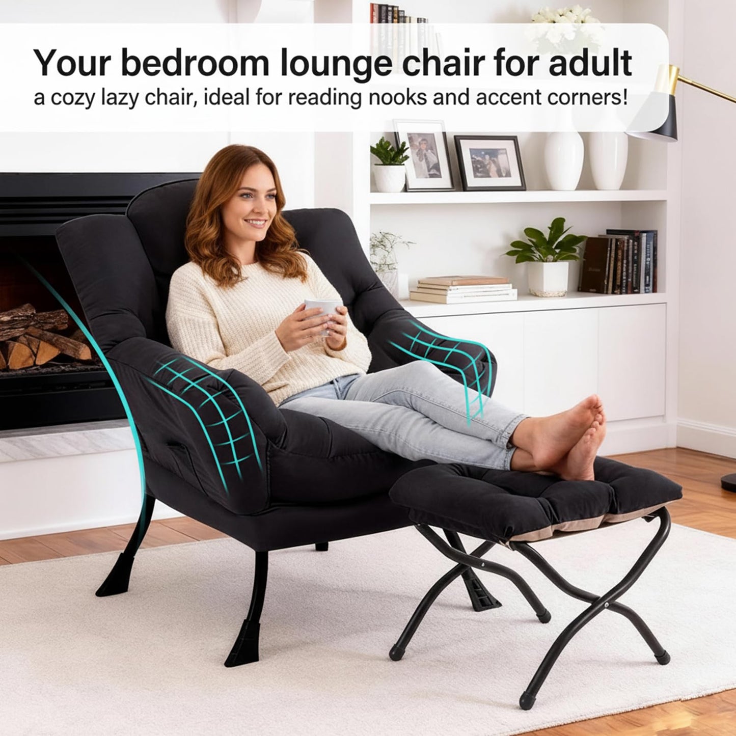 DreamNook Lazy Chair with Ottoman, Modern Accent Chair with Lumbar Pillow, Black Sofa, Armchairs with Folding Footrest, Oversized Supportive Chairs for Bedroom, Reading
