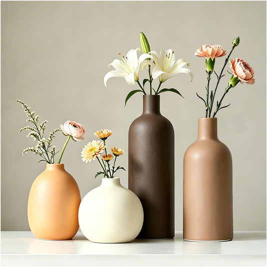 Upgraded Ceramic Vases Set for Home Decor, 4 Piece Modern Neutral Room Decor Desk Vase Bedroom Decor Flower Vase for Table Shelf Office Kitchen, Happy Birthday Gifts for Women Mom Men (Oval-4pcs)