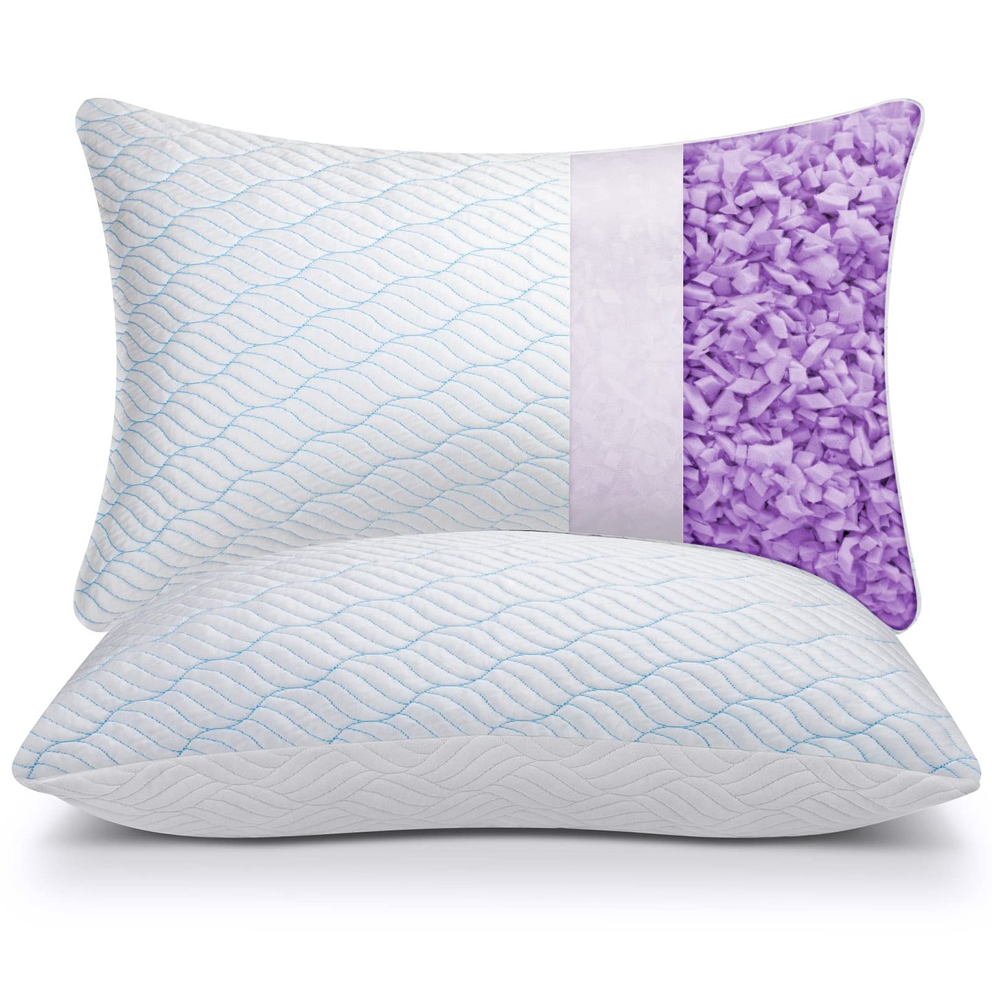 WISHSMILE Queen Size Shredded Memory Foam Pillows, Cooling Pillow Set of 2, Adjustable Height Firm Support, Double-Sided Ice Silk & Polyester Cover, Washable Bed Pillows for Adults, 20×30 Inch