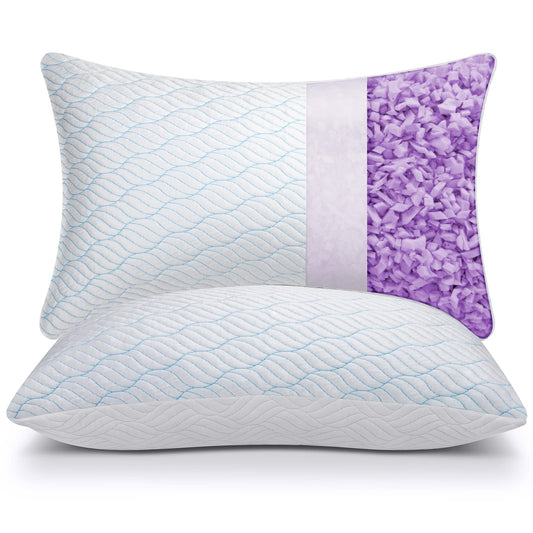 WISHSMILE King Size Shredded Memory Foam Pillows, Cooling King Pillows 2 Pack, Adjustable Height Firm Support, Double-Sided Polyester & Ice Silk Cover, Washable Bed Pillows for Home, King 20×36 Inch